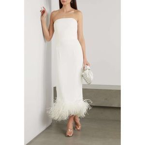 16ARLINGTON Minelli strapless feather-trimmed crepe midi dress UK10/US6